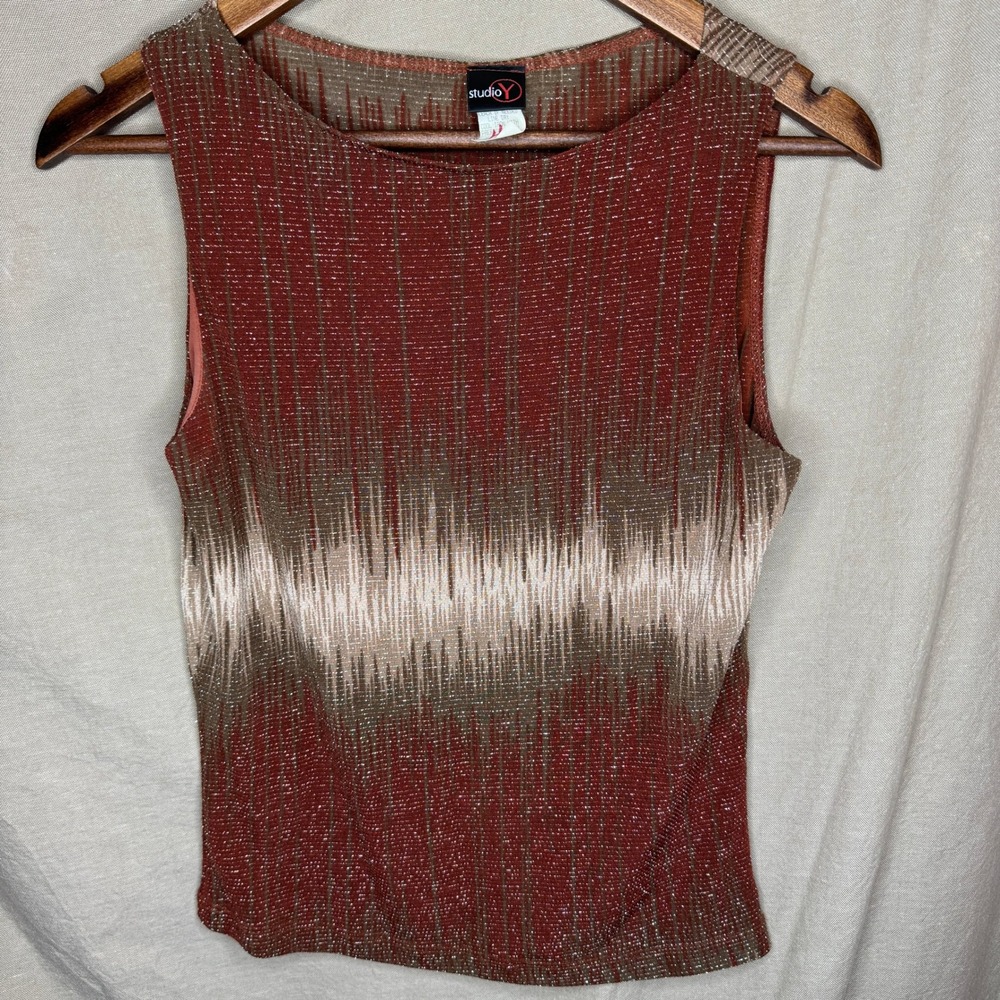 Y2K Vintage Sleeveless Metallic Knit Top Medium Grunge Party Top